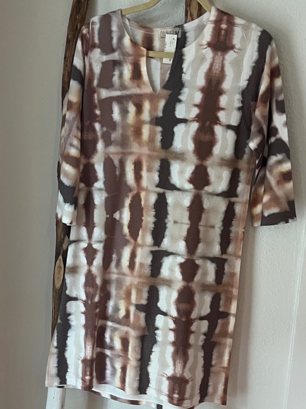 Atelier 5 by Gozde Yilmaz Brown Tan White Tie-Dye 3/4 Sleeve Knit Dress Medium
